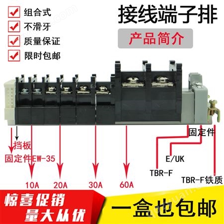 TBR-10A接线端子排导轨组合式安装单层端子台接线板盘阻燃PLC铁件