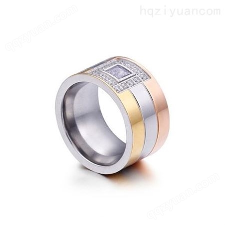 欧美经典钛钢戒指 三色相间微镶宽戒指 男女通用 现货批发 多色