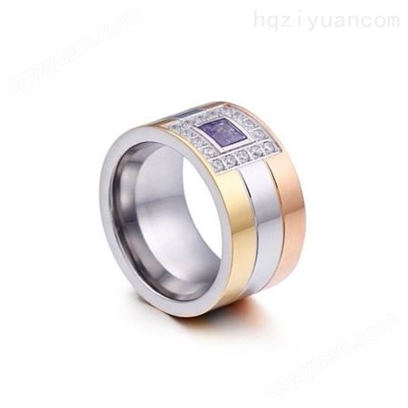 欧美经典钛钢戒指 三色相间微镶宽戒指 男女通用 现货批发 多色
